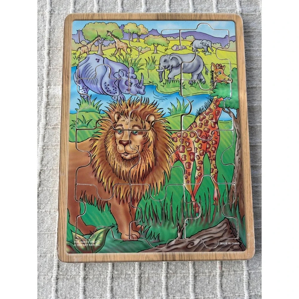 Lot of 2 animal puzzles lion giraffe cow Vintage Sky Kids Board Puzzles 1999